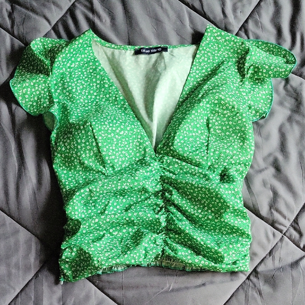 Floral Green Ruched Cap Sleeve Blouse